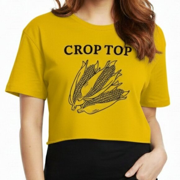 Funny Yellow Graphic Crop Top T-Shirt Corn on Cob Pun Tee Unisex Small/Medium - Picture 1 of 3